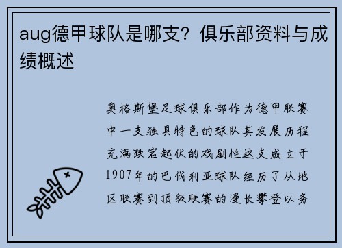 aug德甲球队是哪支？俱乐部资料与成绩概述