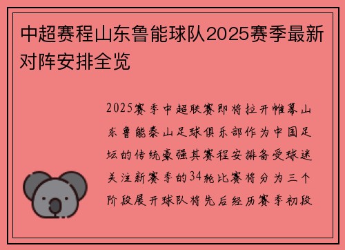 中超赛程山东鲁能球队2025赛季最新对阵安排全览